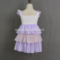 Hot sale purple embroidered chiffon fabric smocked ruffle dress